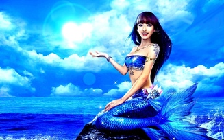 синий, азиатка, русалка, девушка, море, океан, хвост